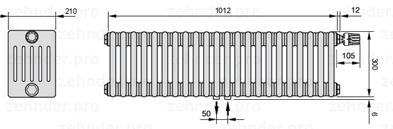 Схема (чертеж) Радиатор Zehnder Charleston 6030/22 №V008 Белый глянцевый RAL 9016
